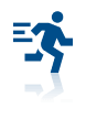 A dark blue icon of a person running, with horizontal lines behind them indicating speed and a reflection below.