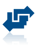 A dark blue logo featuring two interlocking arrow shapes pointing in opposite directions with a reflection below.