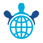 A light blue globe with a dark blue silhouette of three human figures positioned behind it.