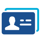 Icon of two overlapping identification cards, one dark blue and one light blue, featuring a stylized person silhouette.