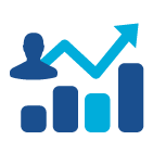 A dark blue user icon above a bar chart with an upward-trending light blue arrow, representing growth or progress.