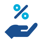 A blue hand icon holding a light blue percent symbol, representing savings, discounts, or interest rates.