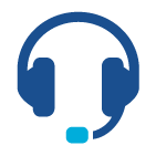 A dark blue icon of a headset with a microphone, featuring a light blue tip on the microphone boom.