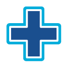 A dark blue cross symbol outlined in white and a thicker light blue border.