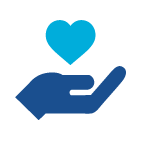 A dark blue icon of a cupped hand holding a light blue heart.