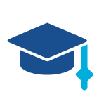 A dark blue academic graduation cap icon with a light blue tassel hanging on the right side.