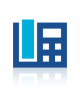 A dark blue and light blue icon of a corded office telephone with a screen and keypad.