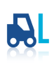 A dark blue forklift icon beside a light blue letter 
