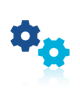 Two gear icons, one dark blue and one light blue, overlapping slightly with a faint reflection below.