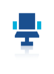A blue icon of an office chair centered on a white background with a light reflection effect at the bottom.