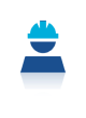 A blue icon of a stylized person wearing a construction hard hat.