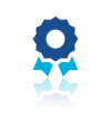 A dark blue award seal with a light blue ribbon icon, reflecting at the bottom against a white background.