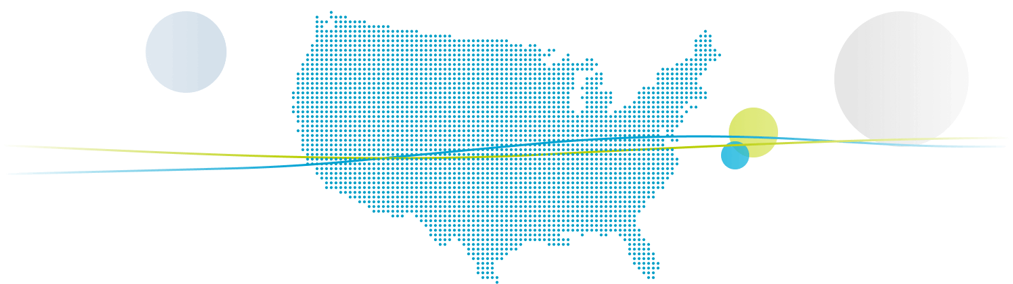 A dotted map of the United States with two horizontal lines passing through it, accompanied by blue, yellow, and white orbs.