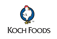 The logo for koch foods shows a chicken in a blue circle.