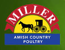 The logo for miller amish country poultry shows a horse pulling a carriage.