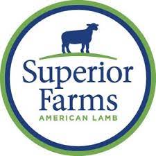 The logo for superior farms american lamb shows a sheep standing on top of a grass covered field.