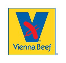 A vienna beef logo with a blue v and a red sausage on a yellow background.