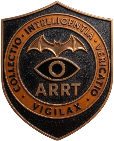 Black and bronze ARRT shield emblem with eye symbol and Latin motto text around the border