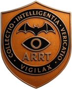 Copper shield emblem with bat and eye, reading “COLLECTIO INTELLIGENTIA VERITATIO VIGILAX” and “ARRT.”