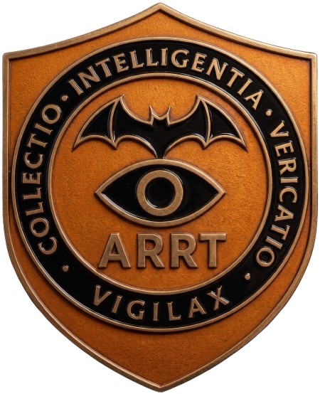 Copper shield emblem with bat and eye, reading “COLLECTIO INTELLIGENTIA VERITATIO VIGILAX” and “ARRT.”