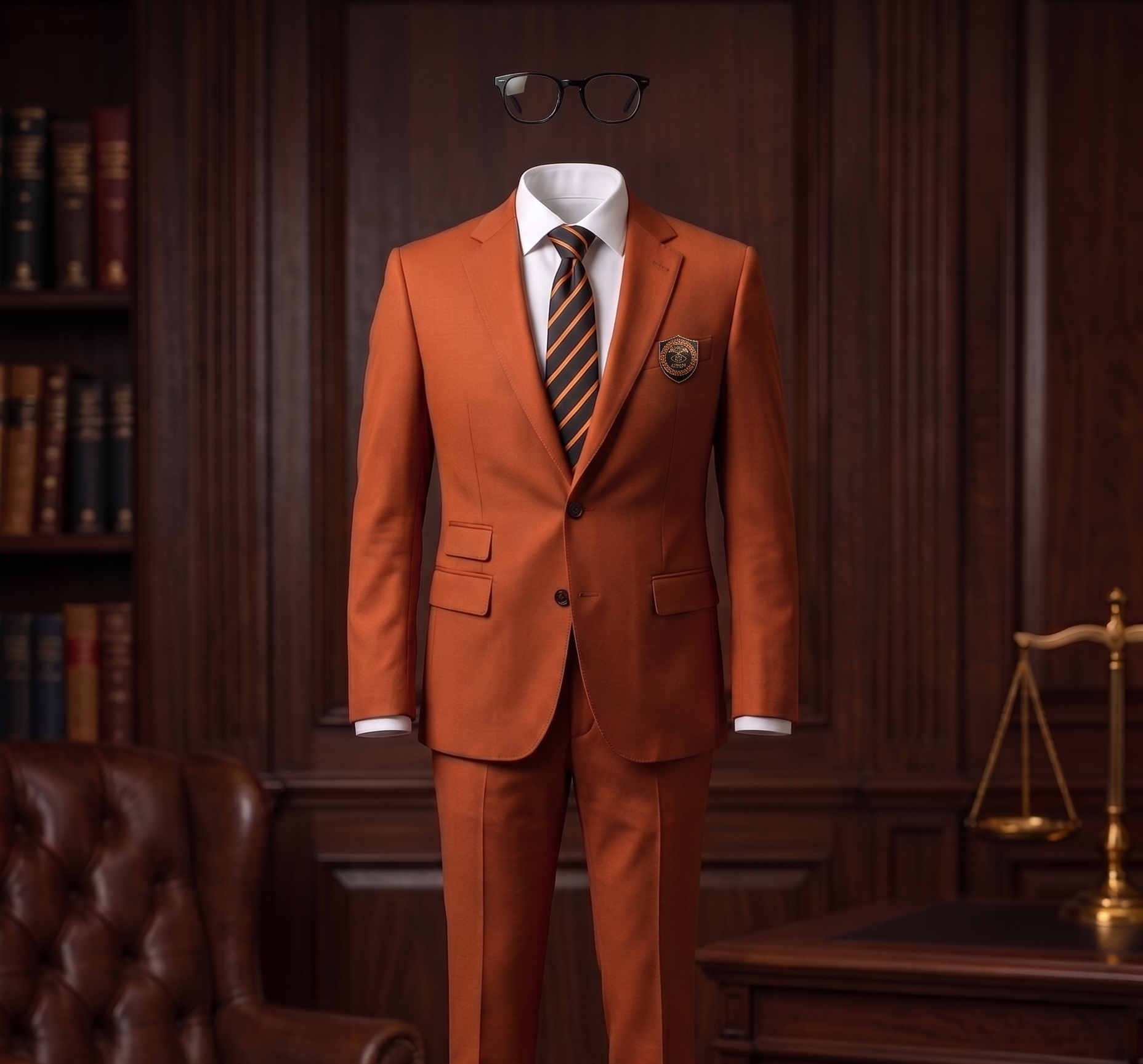 Orange suit on a headless mannequin in a wood-paneled office with a desk and scales of justice