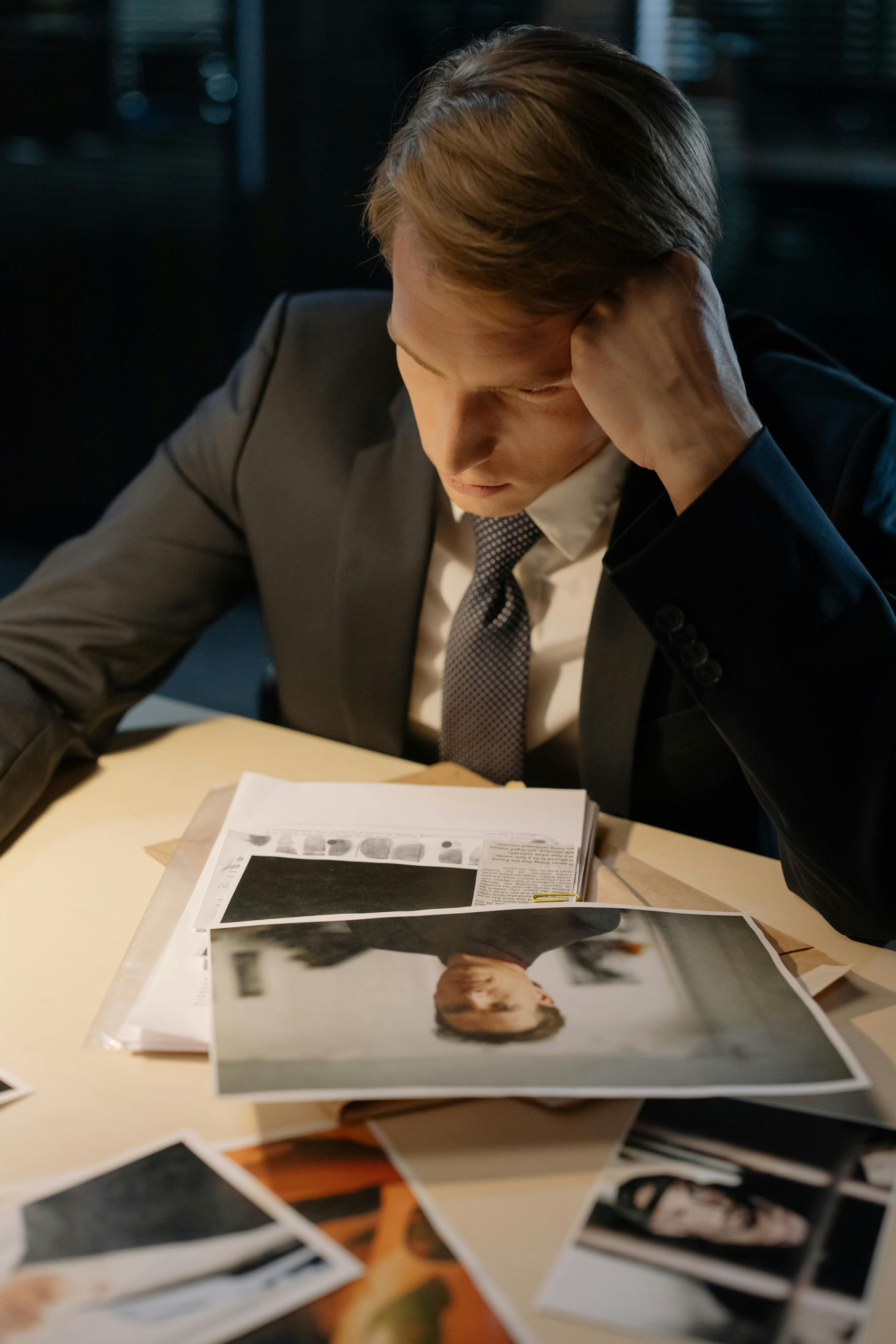 Stressed office worker reviewing scattered photos and documents at a desk under dim light