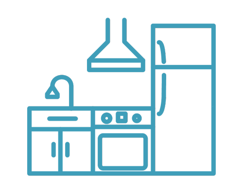 Blue line-art icon of a kitchen featuring a cabinet with a sink, an oven with a range hood, and a refrigerator.