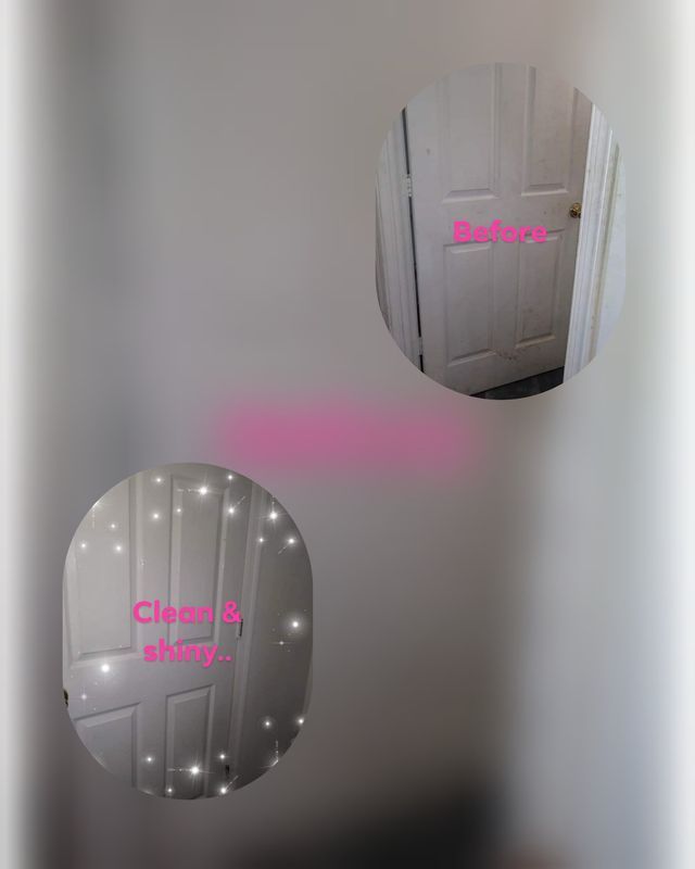 Door cleaning transformation. Before and after shots of a white door. The cleaned door is now shiny.