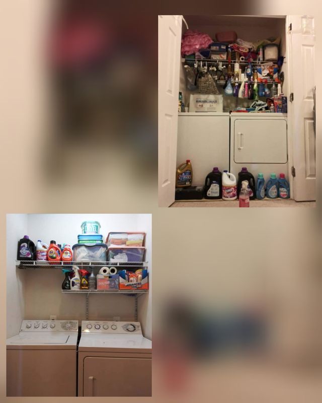 Laundry room: Washer, dryer, shelves with laundry supplies. Open closet with more supplies and items.