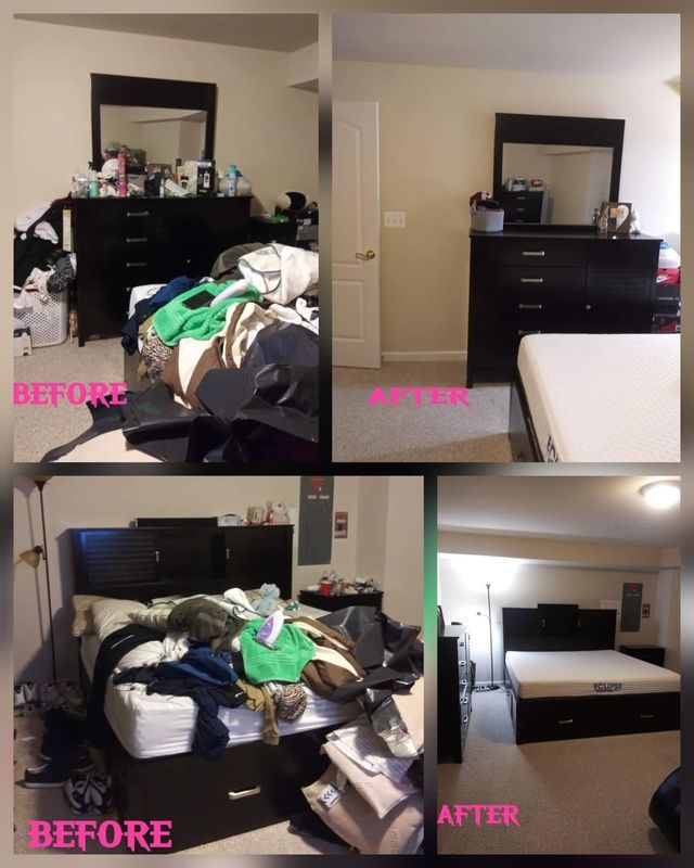 Before-and-after of a bedroom. Before: messy bed, dresser. After: clean bed, dresser, and room.