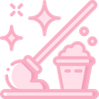 Pink mop leaning against a bucket with bubbles, indicating cleaning or tidying.
