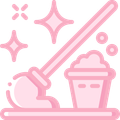 Pink mop leaning against a bucket with bubbles, indicating cleaning or tidying.