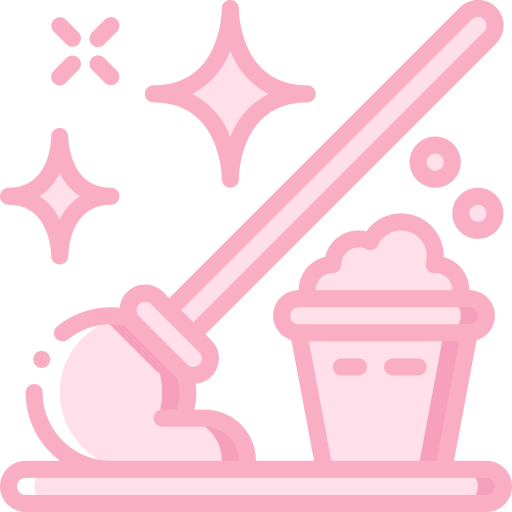Pink mop leaning against a bucket with bubbles, indicating cleaning or tidying.