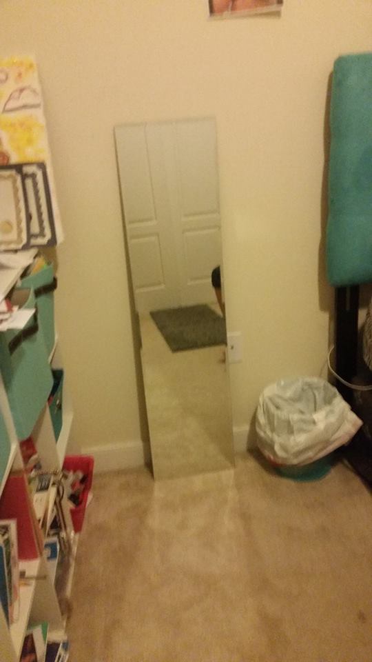 Full-length mirror leaning against a beige wall, reflecting a door, rug, and person. A wastebasket and shelving are also present.