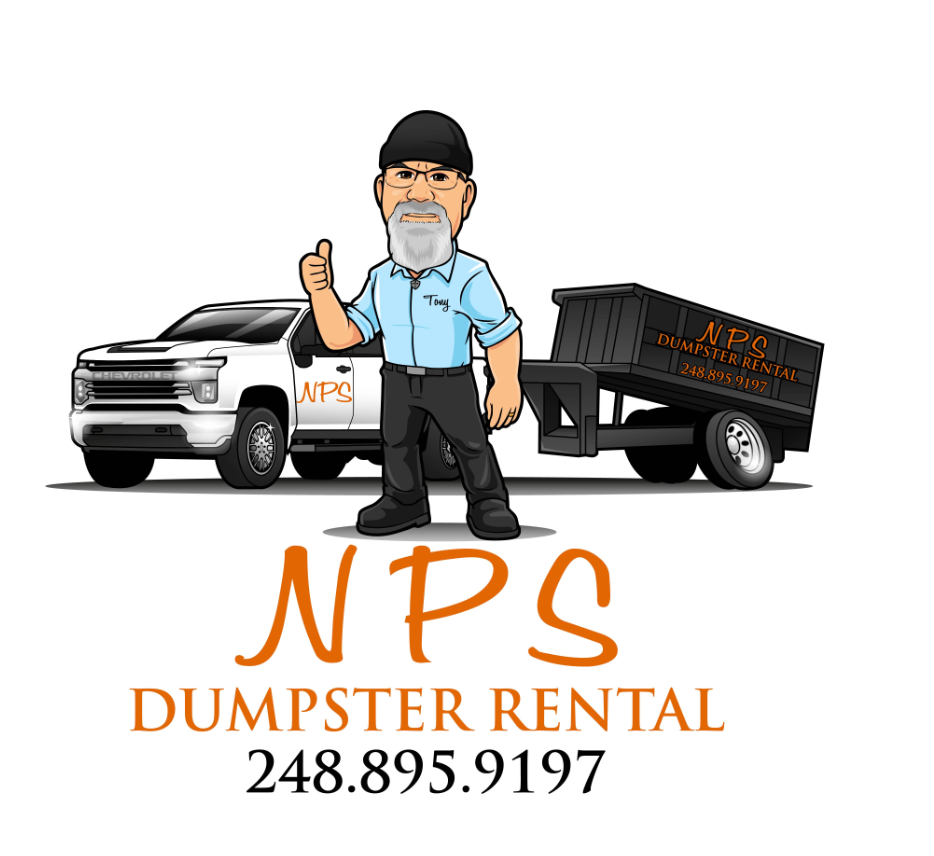 Logo: Cartoon man with truck and dumpster, NPS Dumpster Rental, phone number.