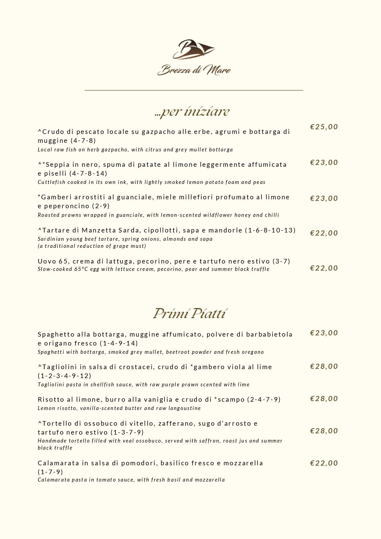 menu brezza di mare