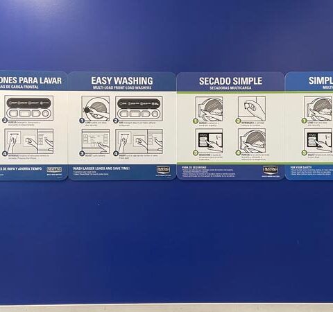 Blue poster with step-by-step laundry care instructions in Spanish and English panels.