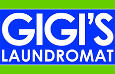 GiGi’s Laundromat logo in white and blue on a green background