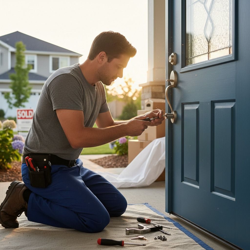 Man kneels to repair a blue front door handle; tools on a mat. A