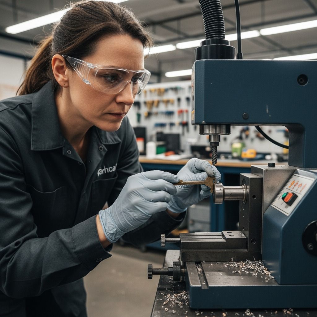 Woman in safety glasses uses a machine to work on a metal part in a workshop.