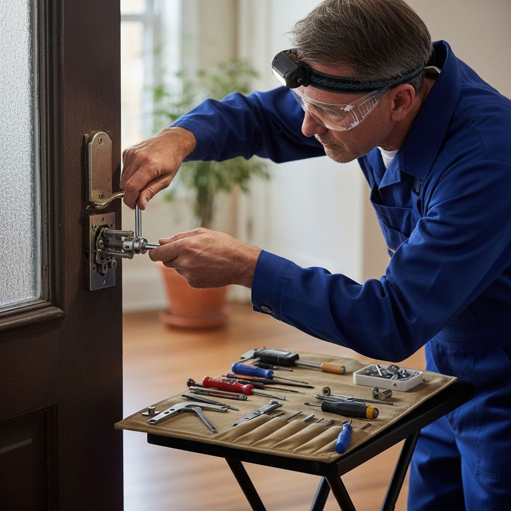 Locksmith repairs a door lock, using tools on a small table, indoors with a potted plant.