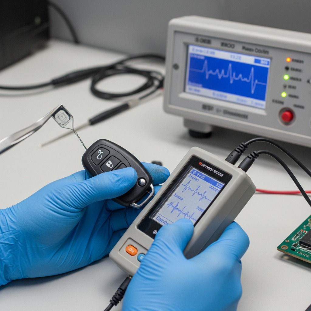 Person in blue gloves testing a car key fob with a diagnostic tool, examining the signal on a screen.