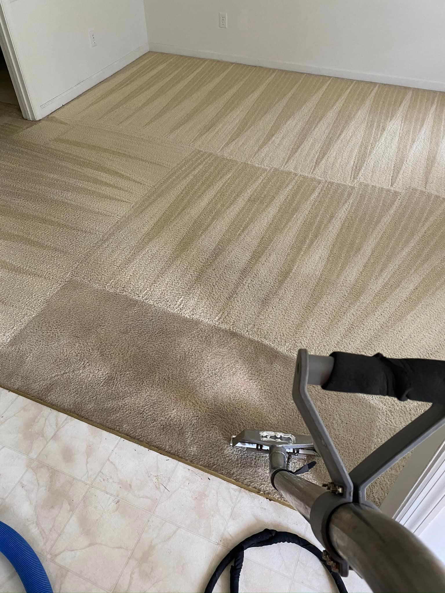 A vacuum cleaner is cleaning a carpet in a living room.
