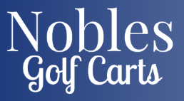 A blue and white logo for nobles golf carts
