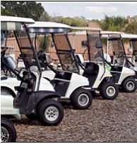 A row of golf carts are parked in a gravel lot.