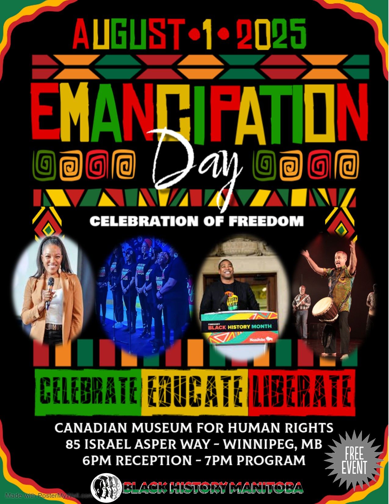 Flyer for Emancipation Day on August 1, 2025 at the Canadian Museum for Human Rights in Winnipeg.
