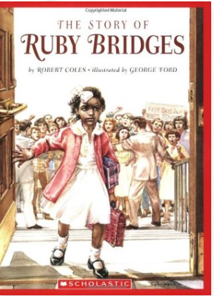 Girl entering school, surrounded by a crowd of people. Doorway, building, red jacket, holding a suitcase.