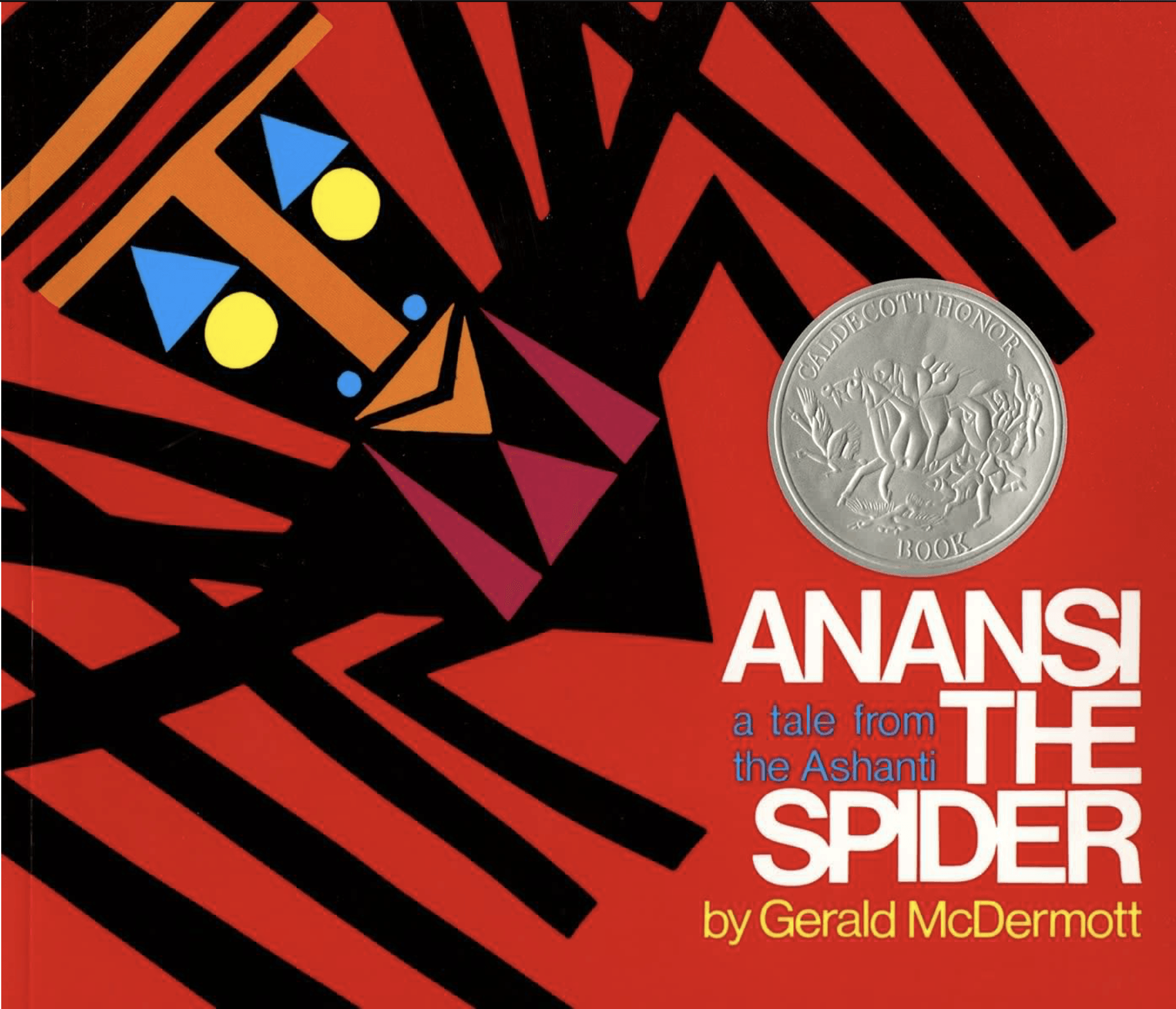 Book cover of Anansi the Spider by Gerald McDermott, featuring a geometric spider design on a red background.