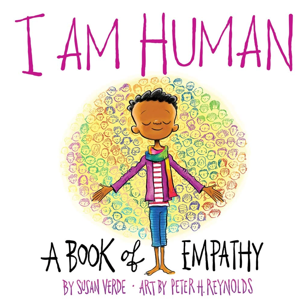 Book cover: A child with arms open, surrounded by colorful faces, title 