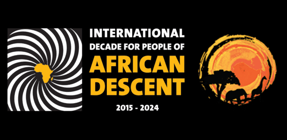 Logo for International Decade for People of African Descent: a swirl, text, and an African landscape silhouette.